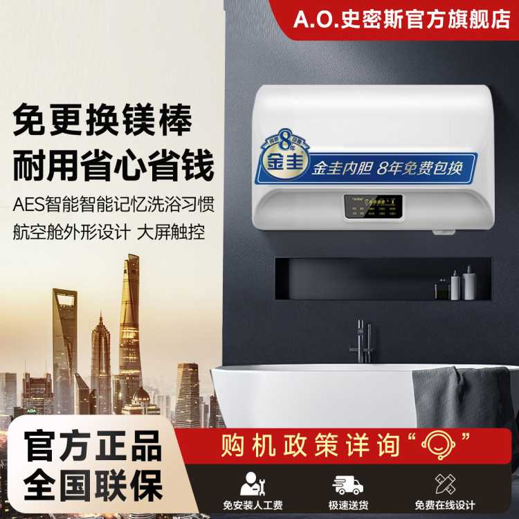 A.O.SMITH 史密斯电热水器家用洗澡60升80升EDX 支持半隐藏安装 遥控