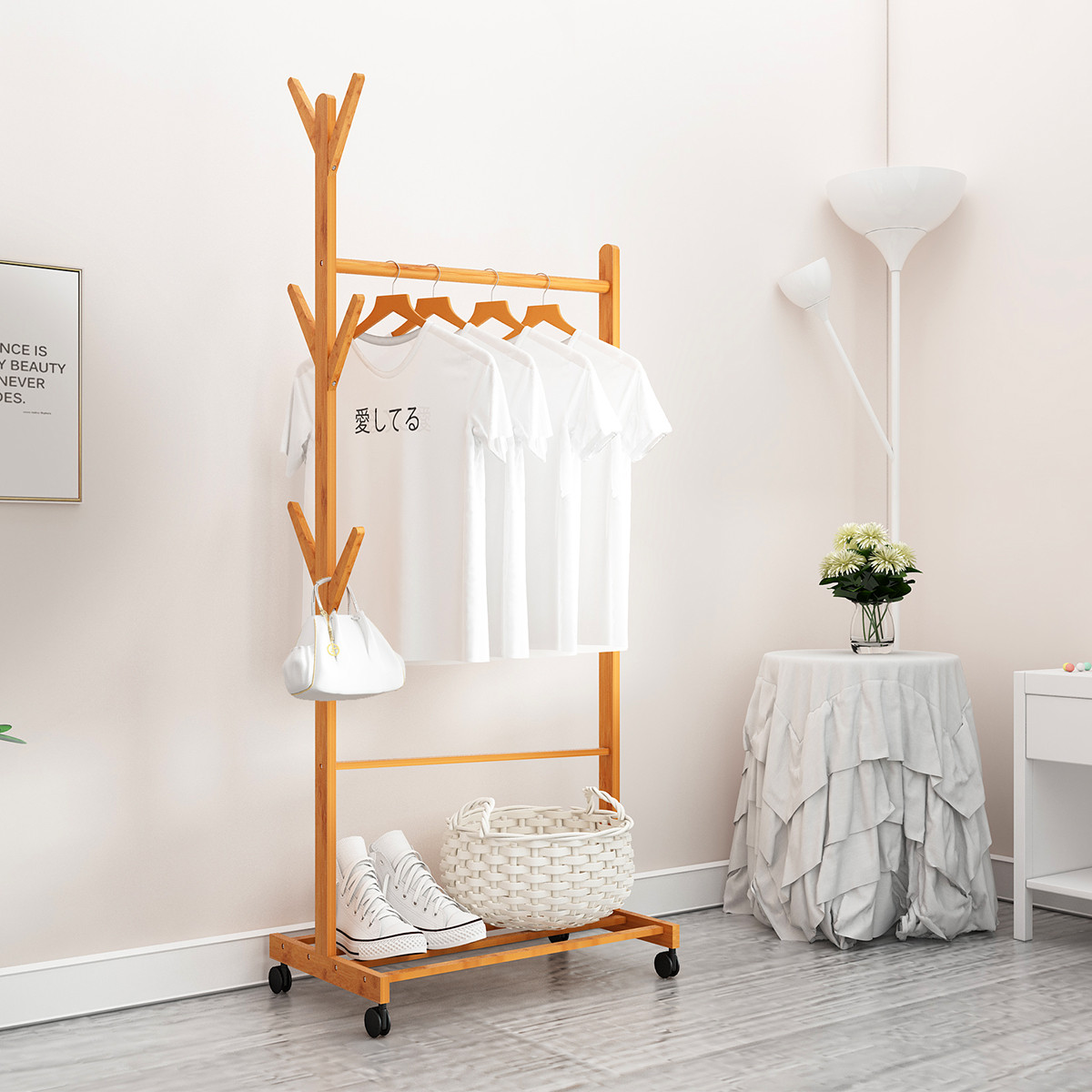 晾衣架儿童婴儿衣架楠竹衣帽架挂衣架仿实木架子衣服挂架置物架