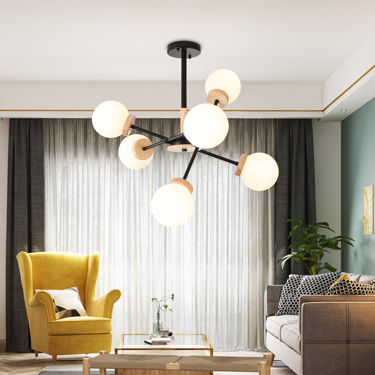 北欧吊灯现代简约原木艺创意魔豆分子灯大气客厅灯具灯饰