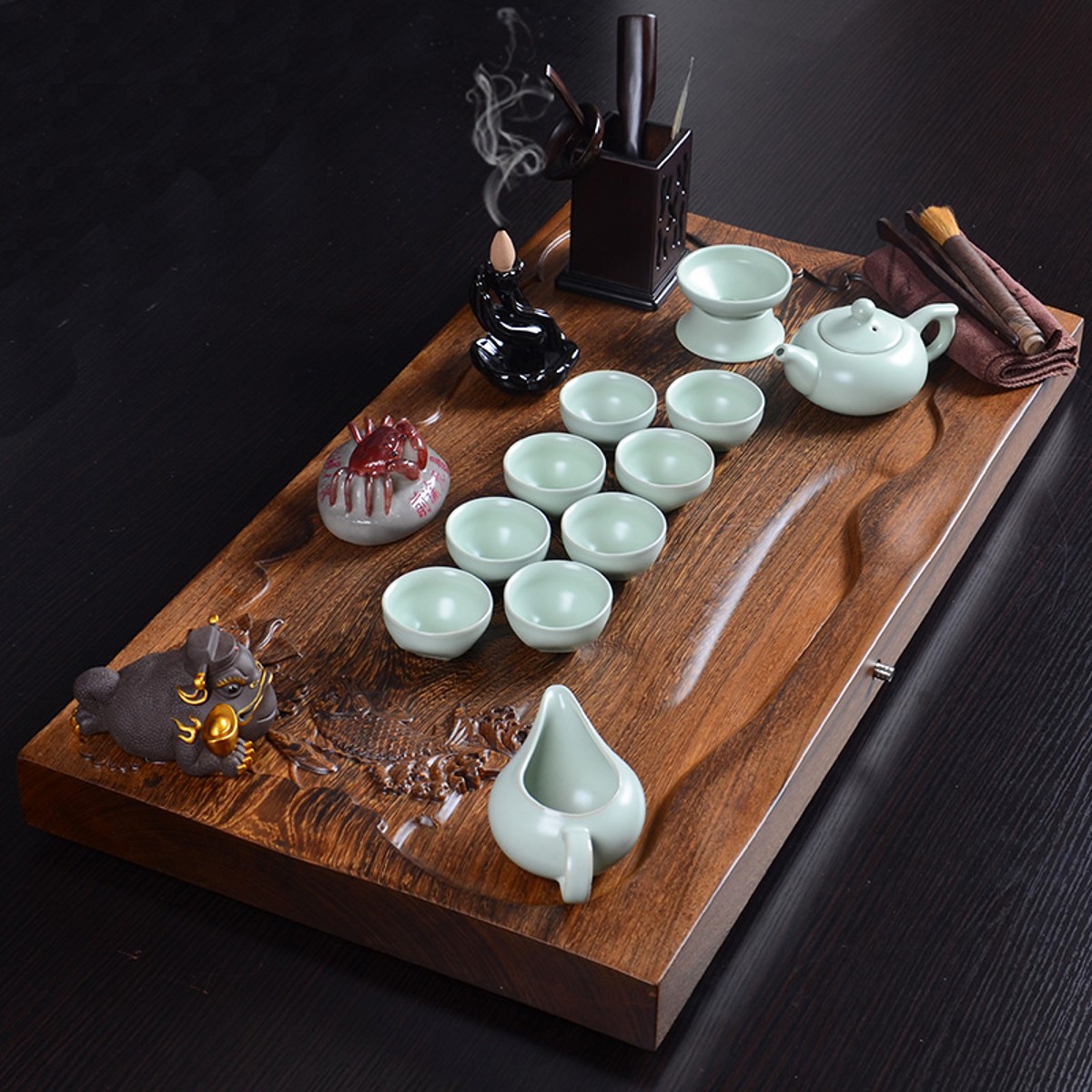 功夫茶具套装鸡翅木茶盘整版整套紫砂汝窑办公家用茶海茶台鱼戏荷塘