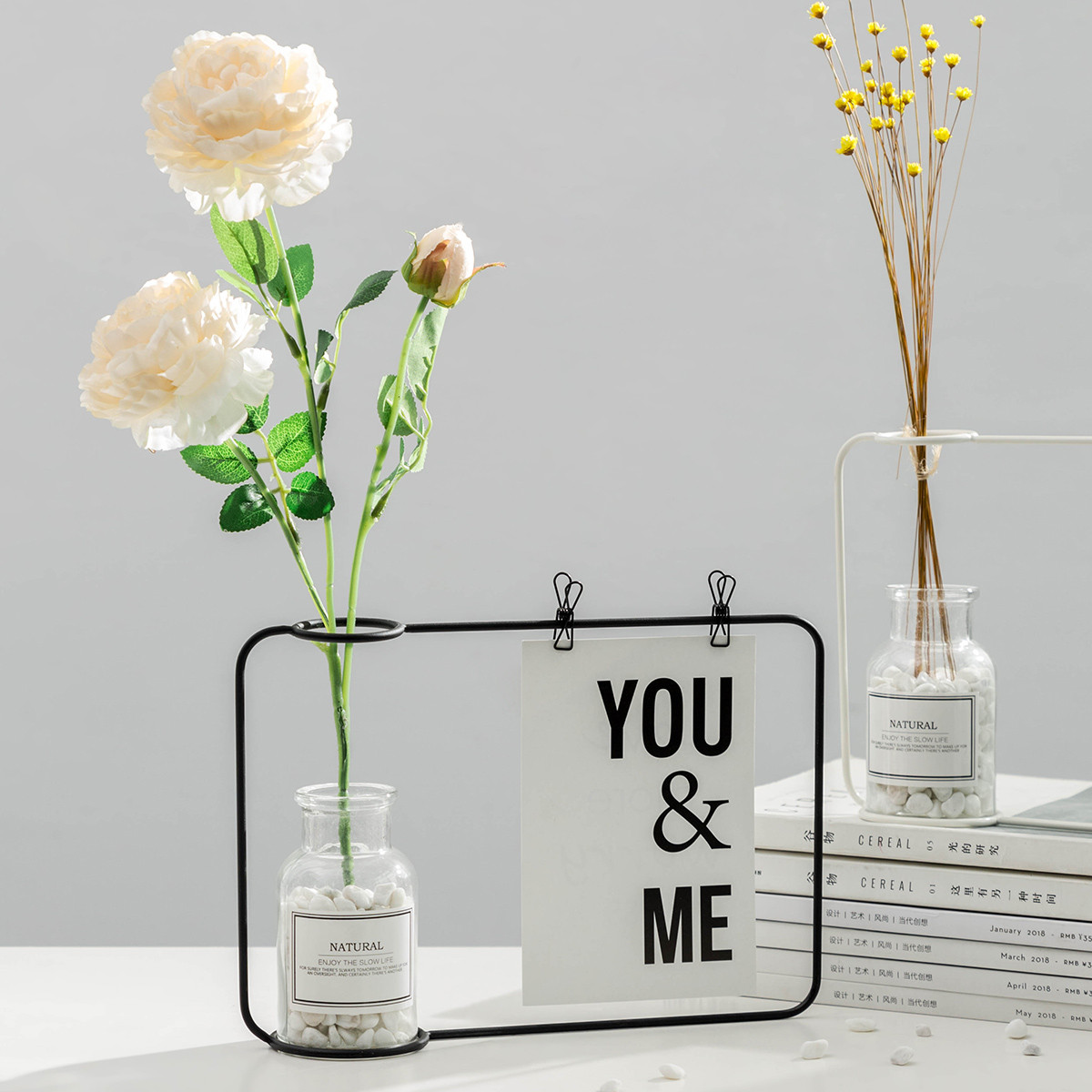 北欧创意家居摆设客厅卧室干花插花瓶铁艺明信片架桌面装饰小摆件