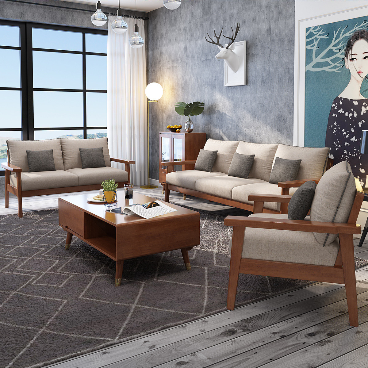 优饰名家北欧实木沙发现代简约小户型客厅整装家具双三人布艺沙发