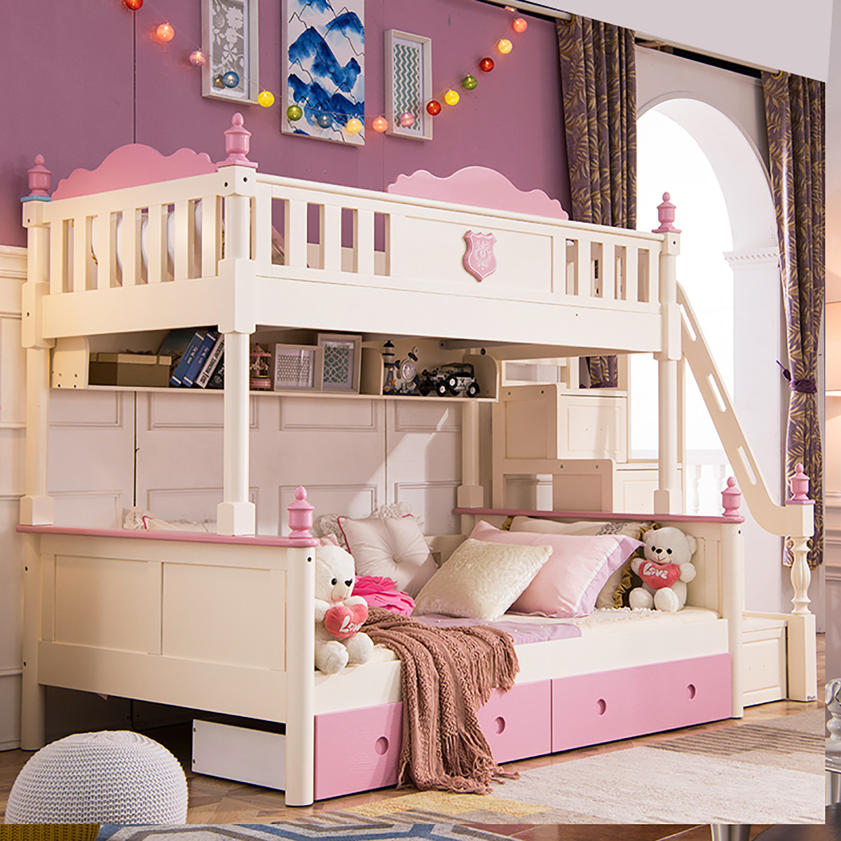 粉色高低床实木全实木上下床双层床儿童床女孩公主母子床