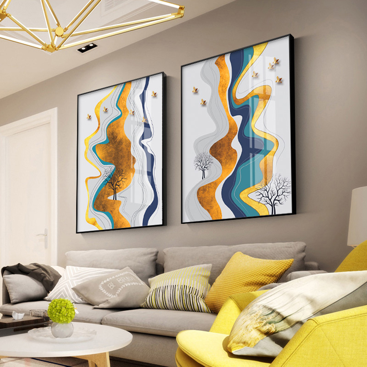 北欧风沙发后壁画电视背景墙过道墙面线条挂画简约现代客厅装饰画