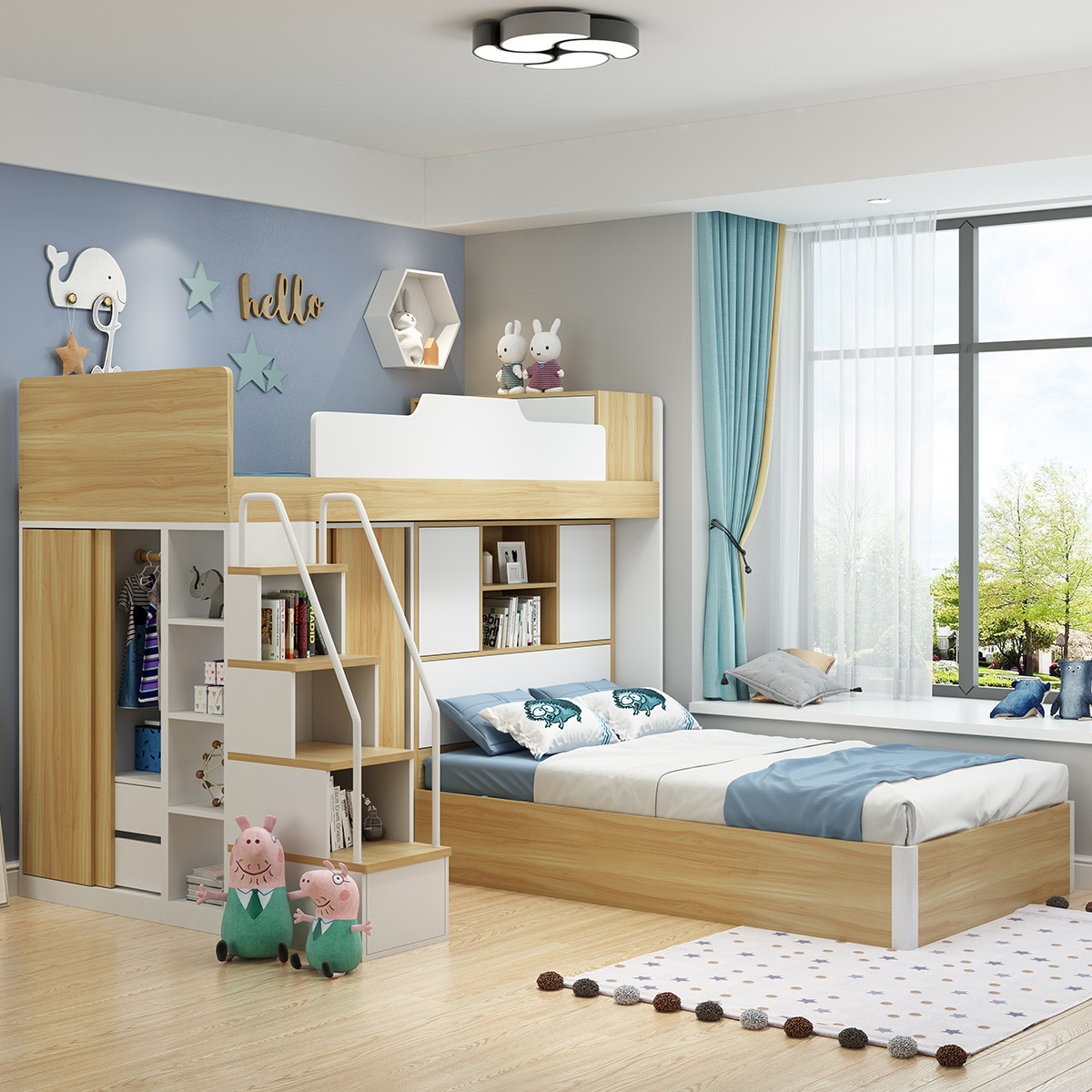 多功能上下铺男孩子母床带护栏高架女孩公主床儿童房家具组合套装