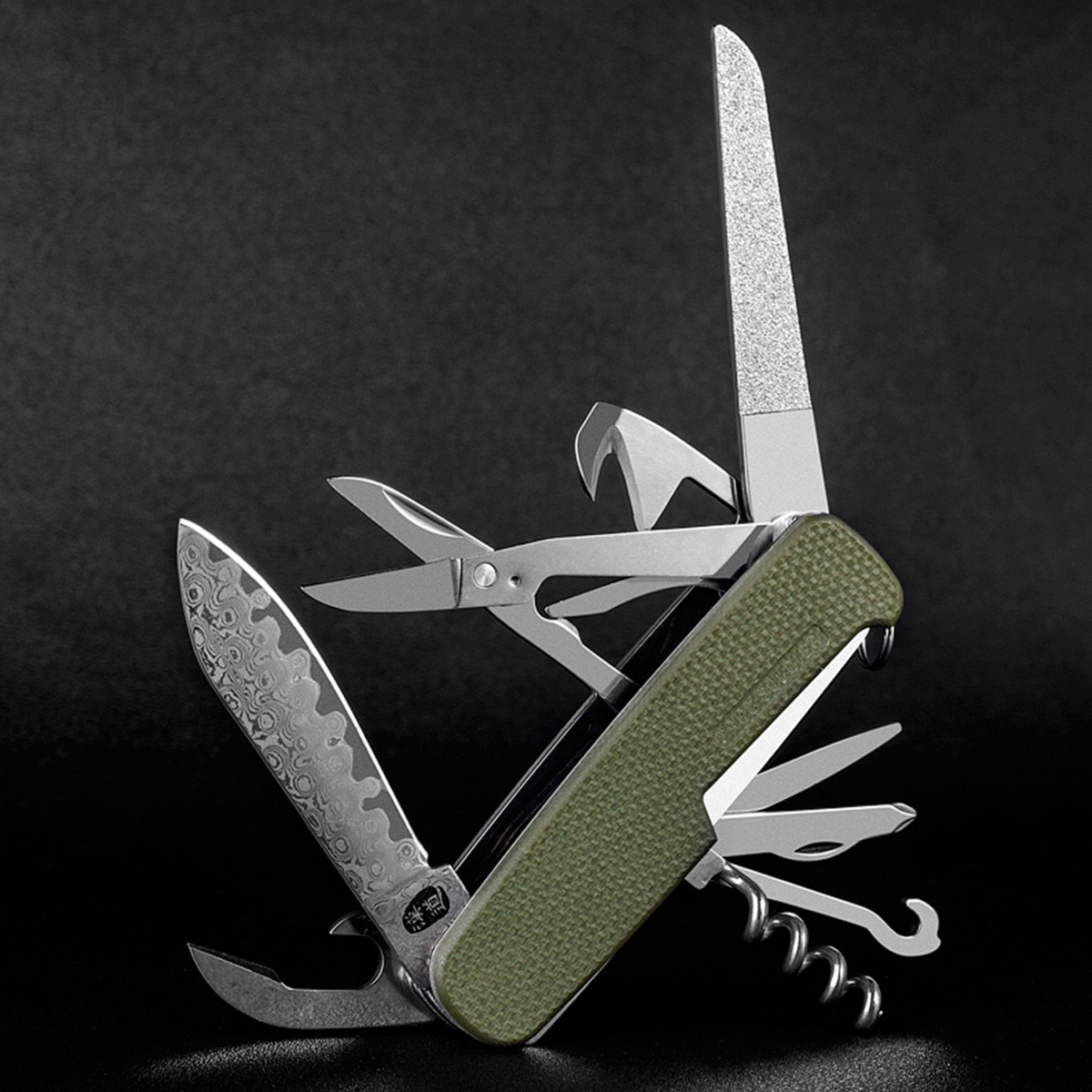 自由兵户外 战术多功能组合刀具 大马士革户外随身便携折叠刀