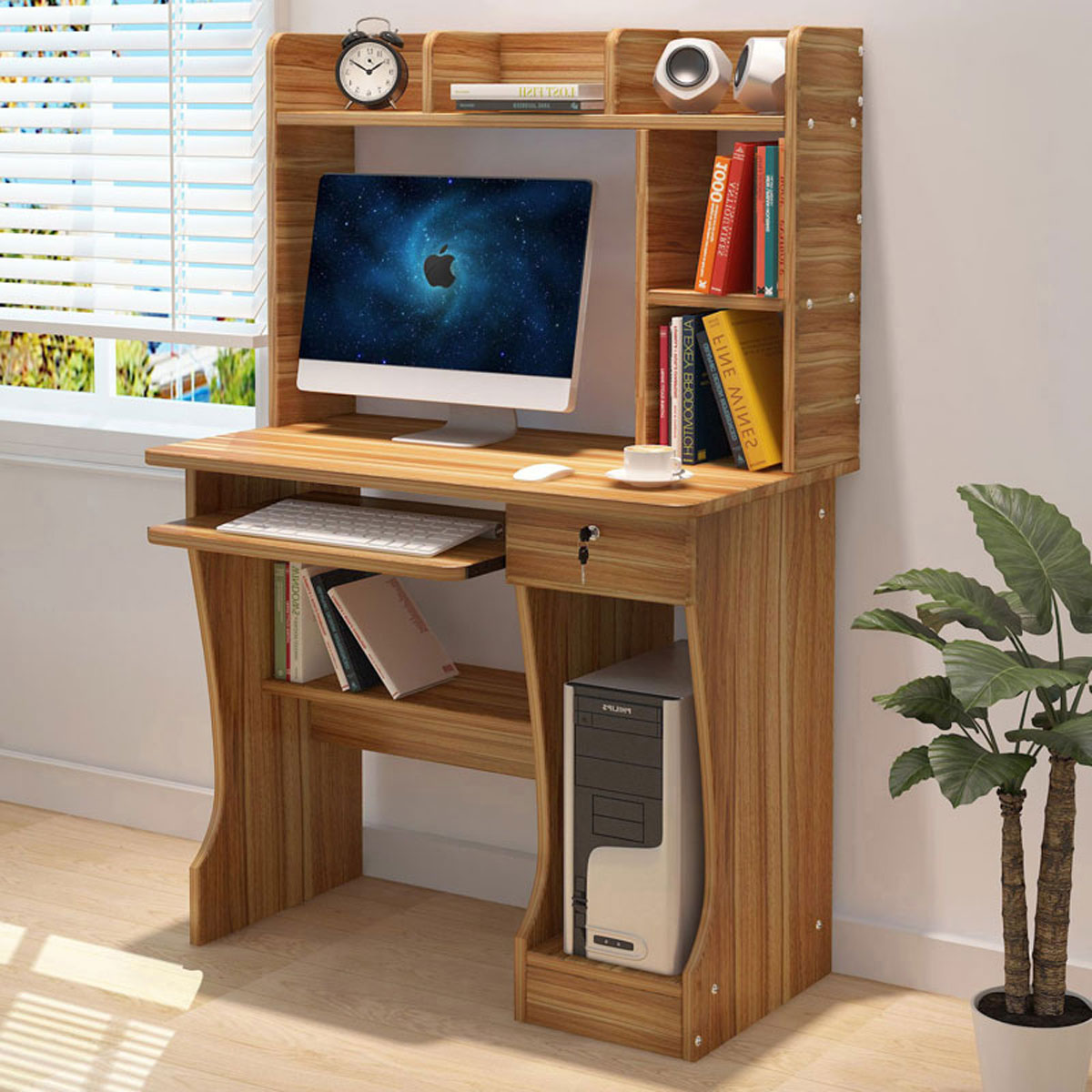 带书架电脑桌 台式家用书桌书柜组合办公桌书桌书柜简易写字桌子