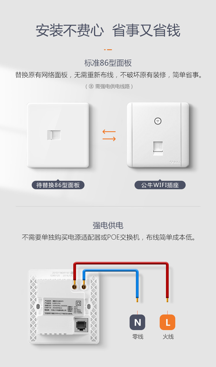 公牛牆壁插座wifi路由器86型入牆式開關ap無線網絡wi-fi插座面板