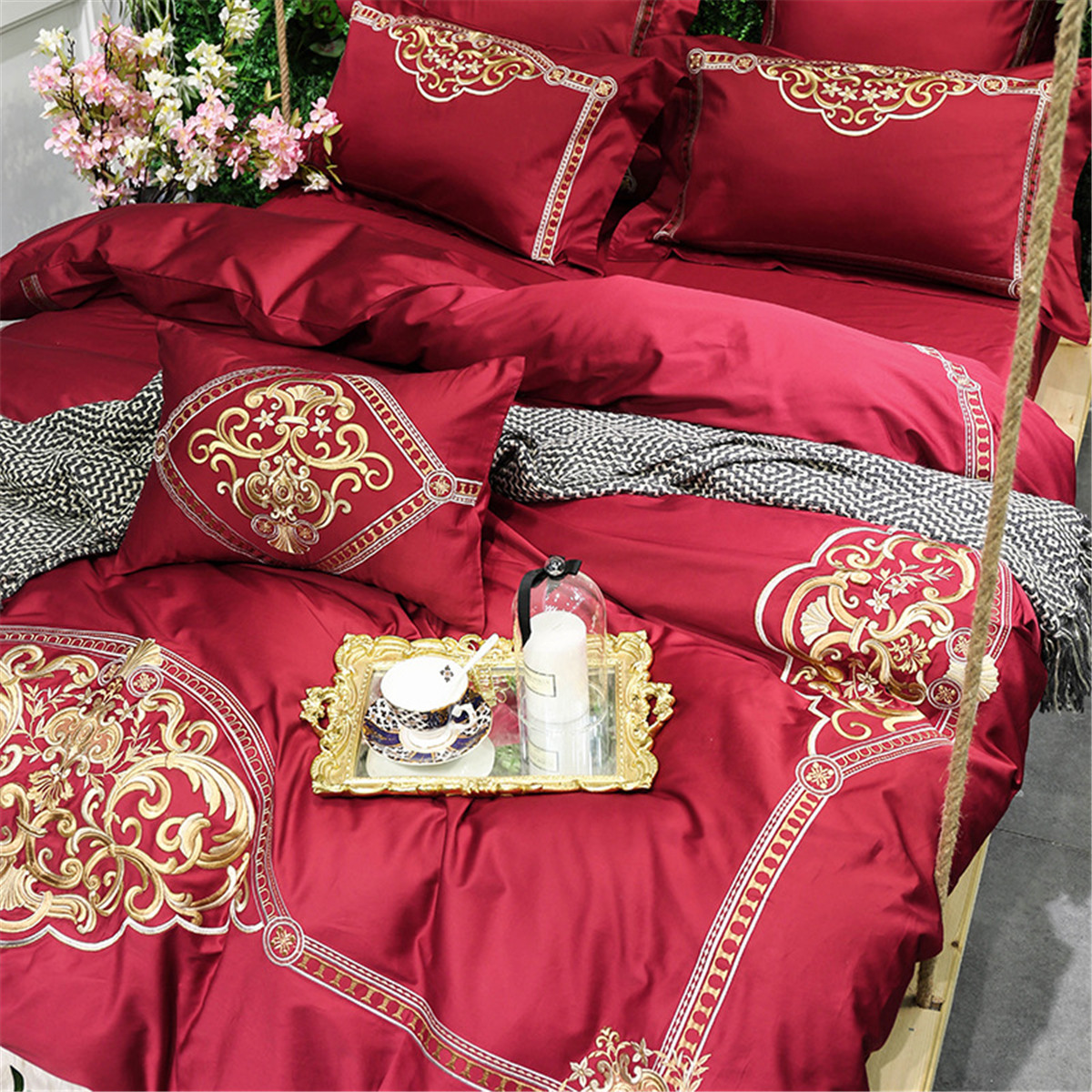 欧式宫廷刺绣结婚婚庆大红床上用品多件套纯棉贡缎长绒棉四件套