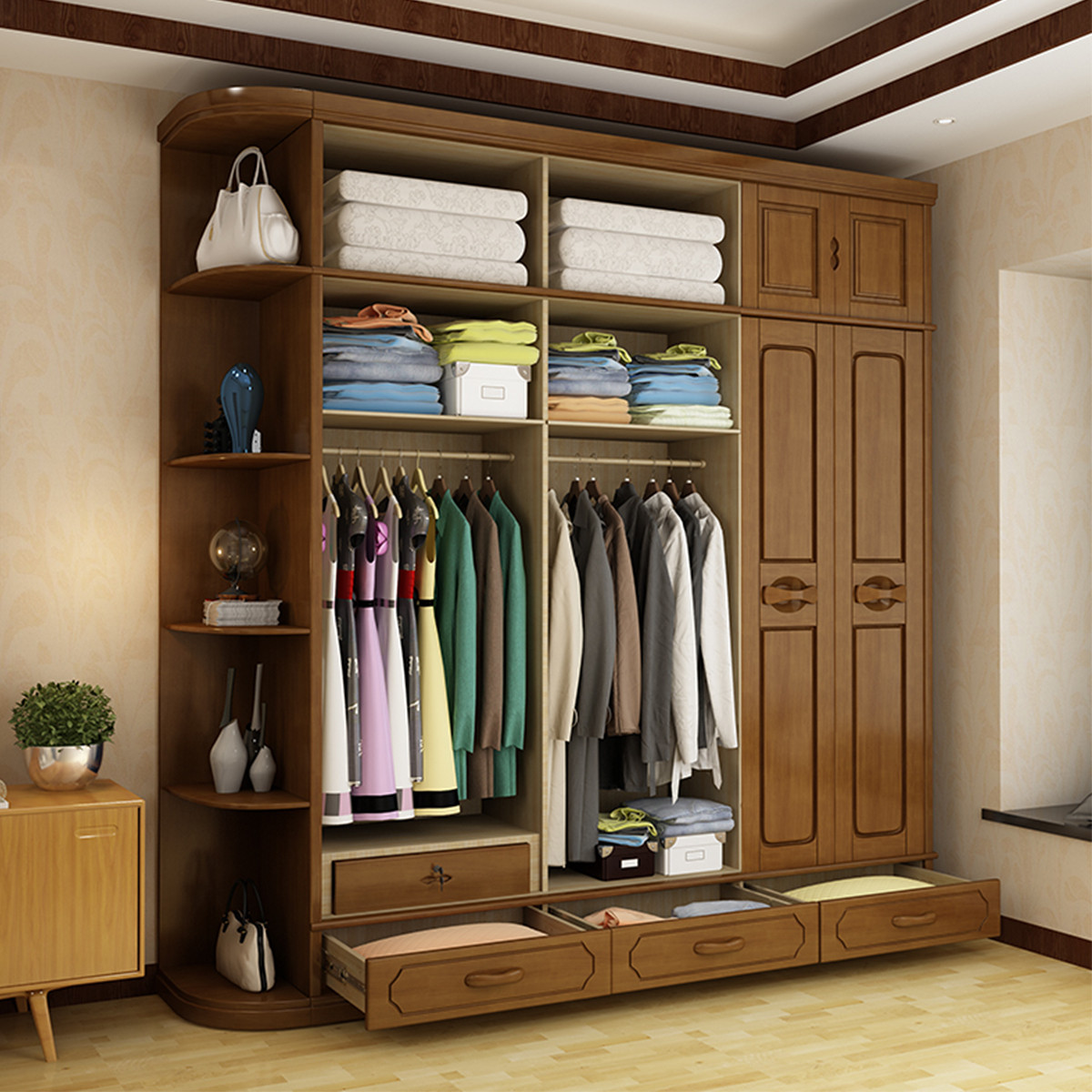 中式实木衣柜橡木储物柜现代简约四五六门板式转角主卧室大衣橱