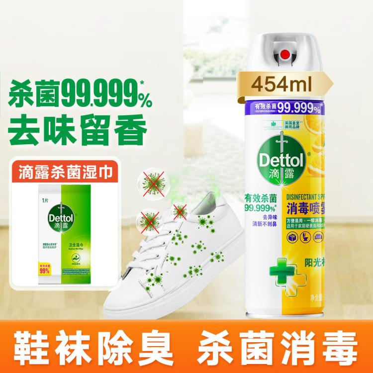 Dettol 【30秒快速杀菌】气味清新454ml+湿巾1片 鞋袜除臭除菌分解异味