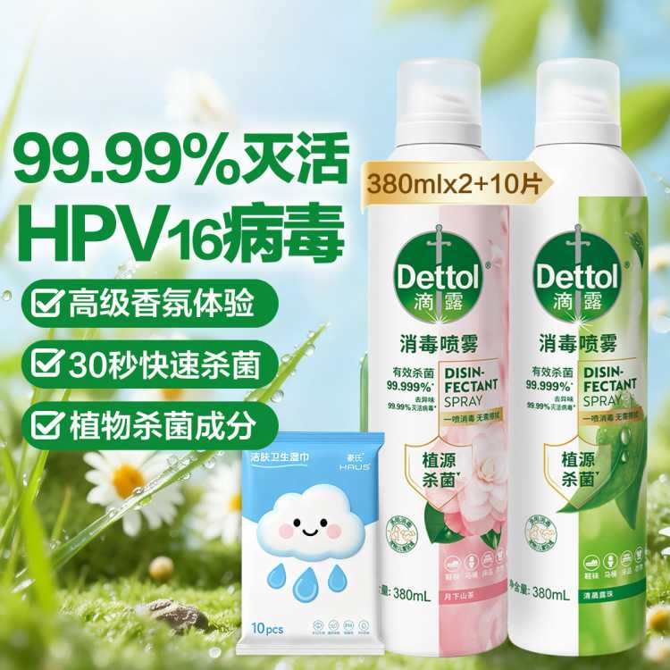 Dettol 【马桶杀菌除臭】滴露香氛消毒喷雾380ml*2+湿巾10片 灭HPV16