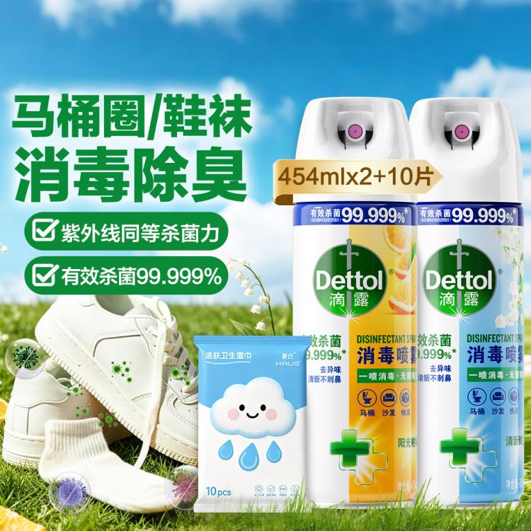 Dettol 【鞋子鞋袜除臭】滴露家庭马桶消毒喷雾454ml*2+湿巾10片 床单