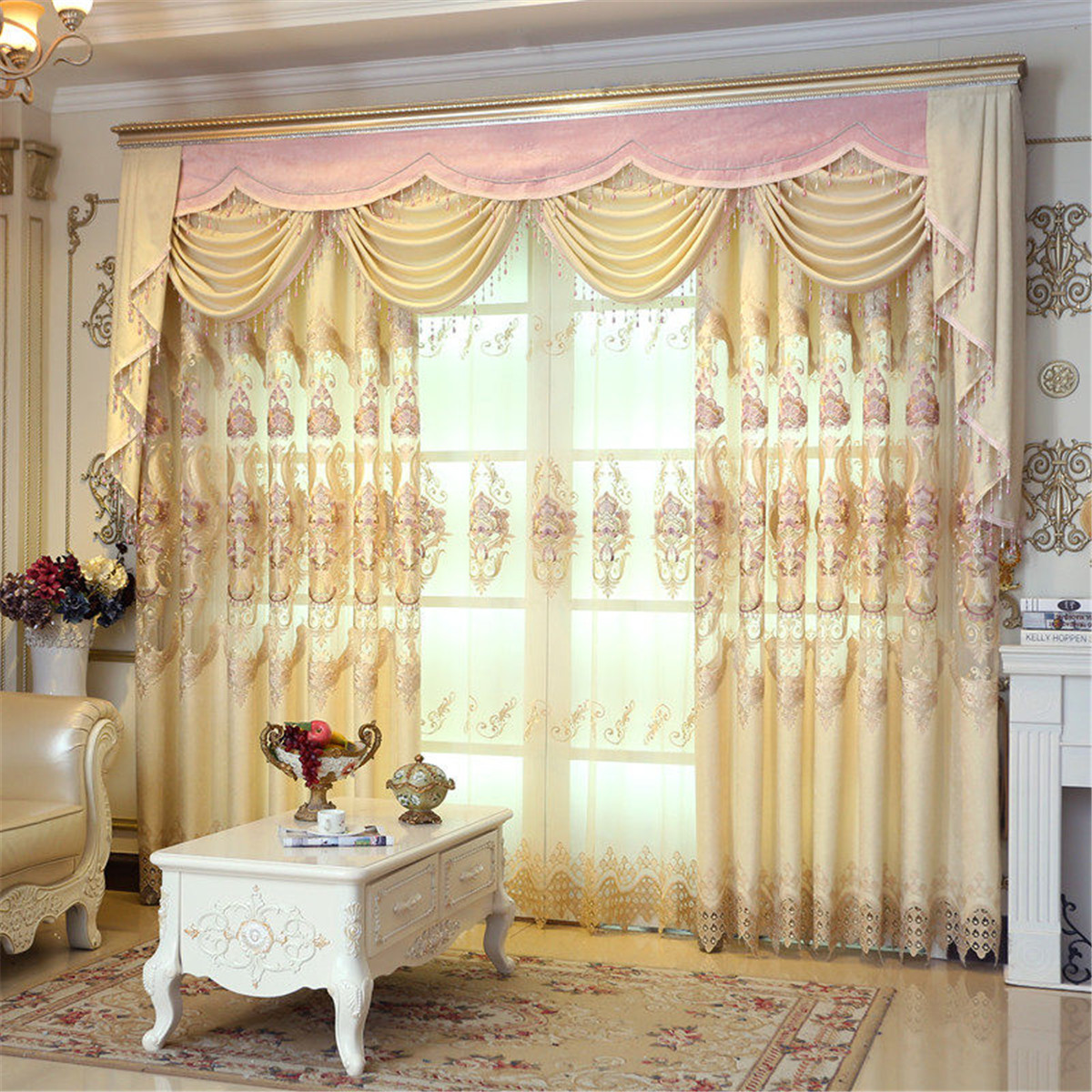 卧室欧式宫廷田园窗帘米白色窗纱粉色幔帘头成品定制飘窗雪尼尔布