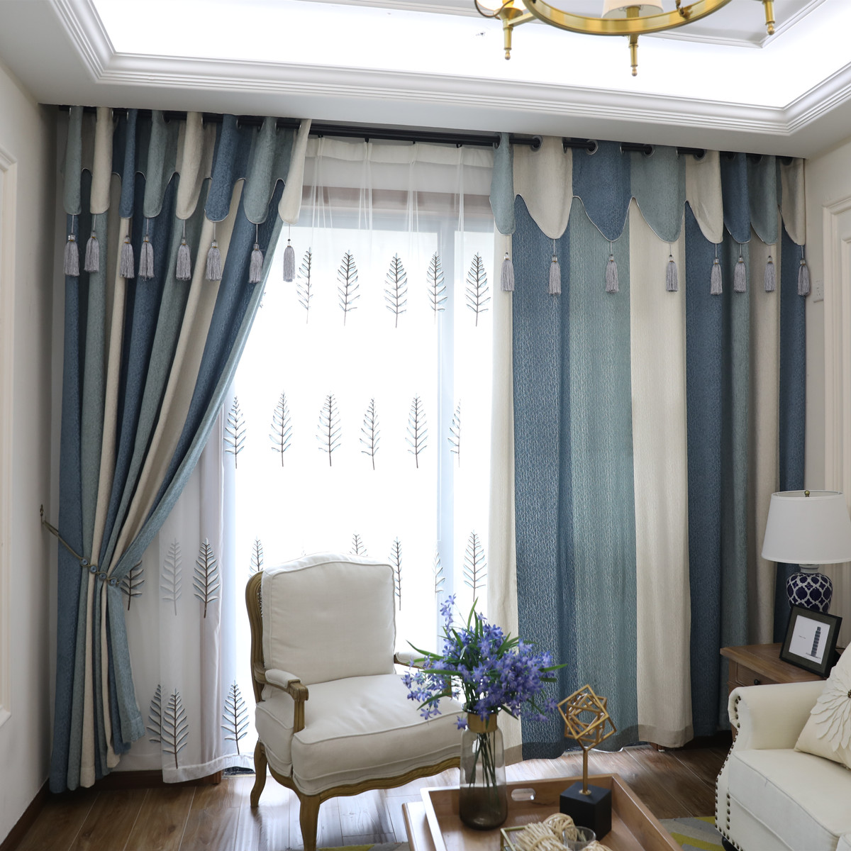 客厅窗帘地中海条纹初见灰蓝色3*2.7米两片加厚雪尼尔绣花窗纱