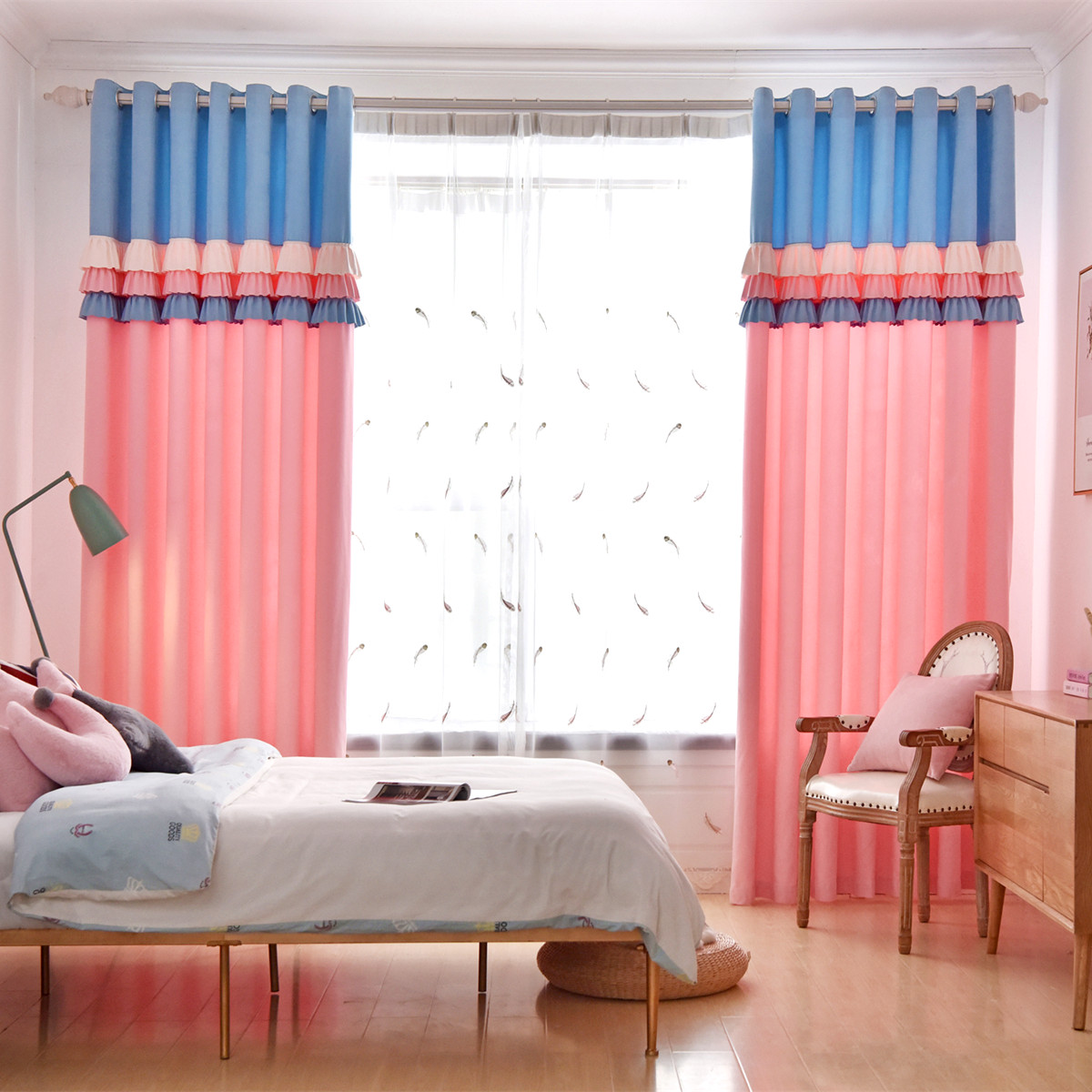 美式轻奢窗帘少女粉色拼接花边荷叶边2.5*2.7m两片北欧风
