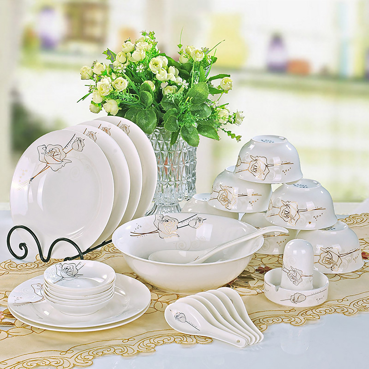 景德镇28头骨瓷餐具套装 宿舍家用汤面碗大碗盘子碟子简约瓷器套件 碗