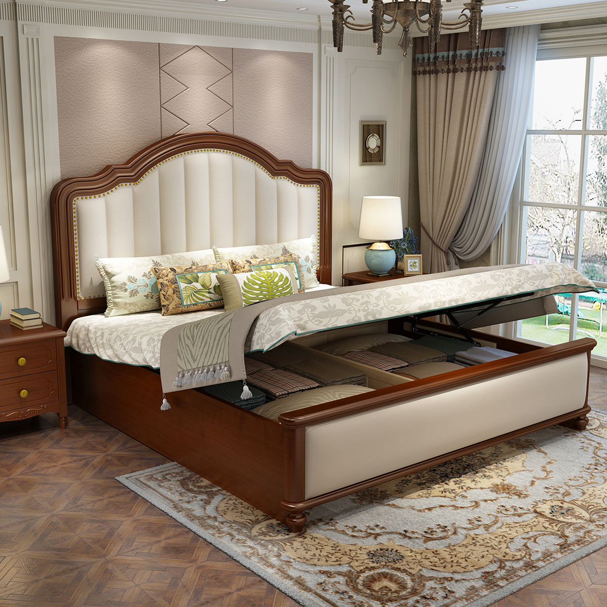 轻奢美式实木床储物高箱床后现代皮床1.5米1.8米双人大床婚床