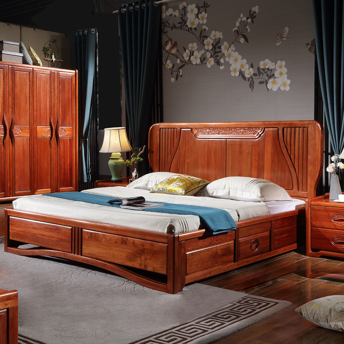 新中式仿古实木床18米大床花梨木复古雕花古典双人床主卧家具