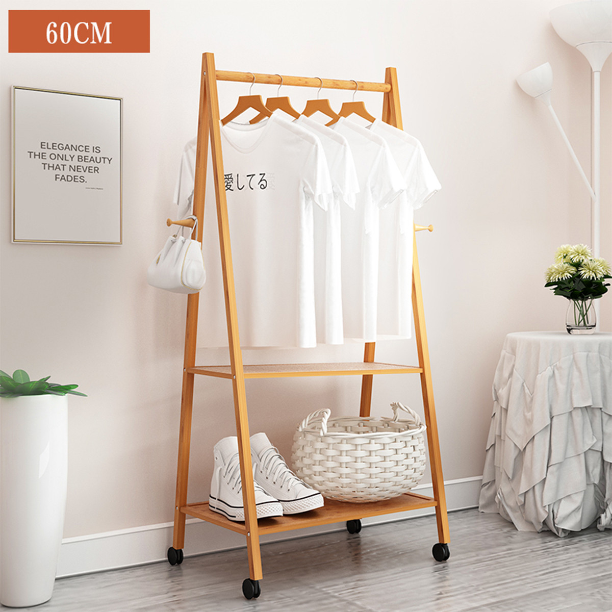 简易卧室衣帽架落地仿实木挂衣架家用可移动组装衣服架挂衣架置物架