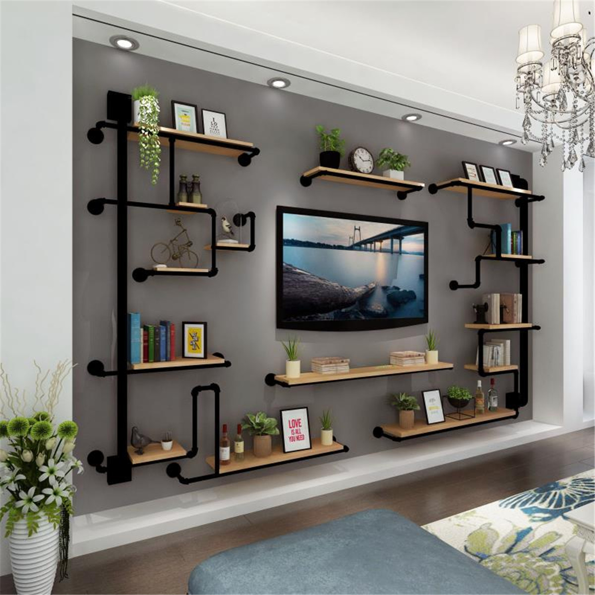 美式轻奢定制电视墙置物架客厅背景墙装饰架工业风实木墙上电视柜