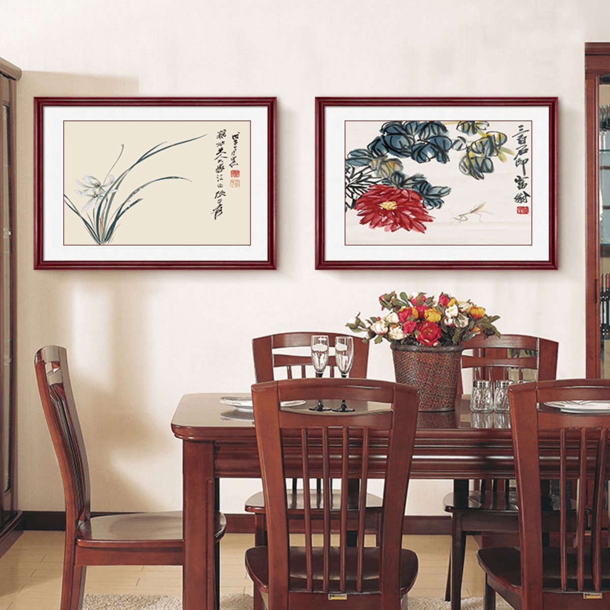 齐白石餐厅装饰画饭厅挂画单幅国画水果壁画荔枝寿桃厨房墙画中式