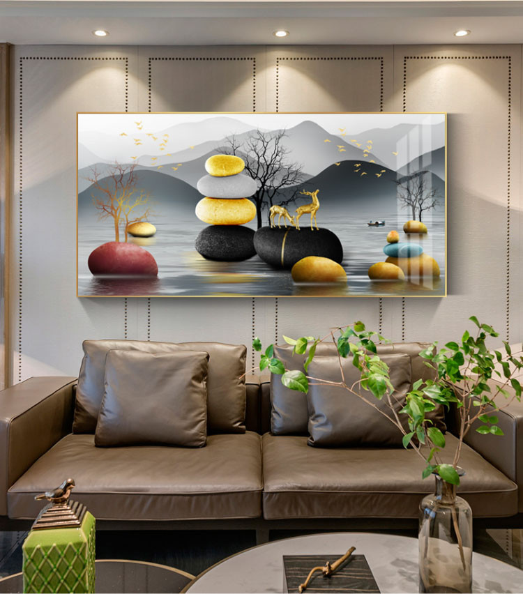 石来运转山水画现代轻奢客厅装饰画金色大气沙发背景墙壁画