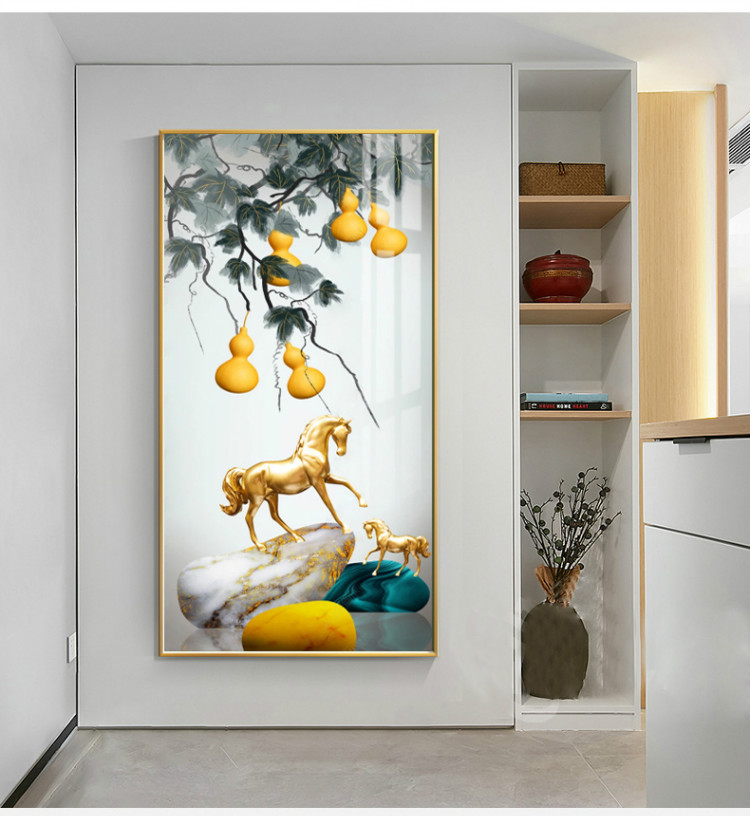 五福临门玄关装饰画竖版入户走廊过道进门鱼挂画客厅大象壁画