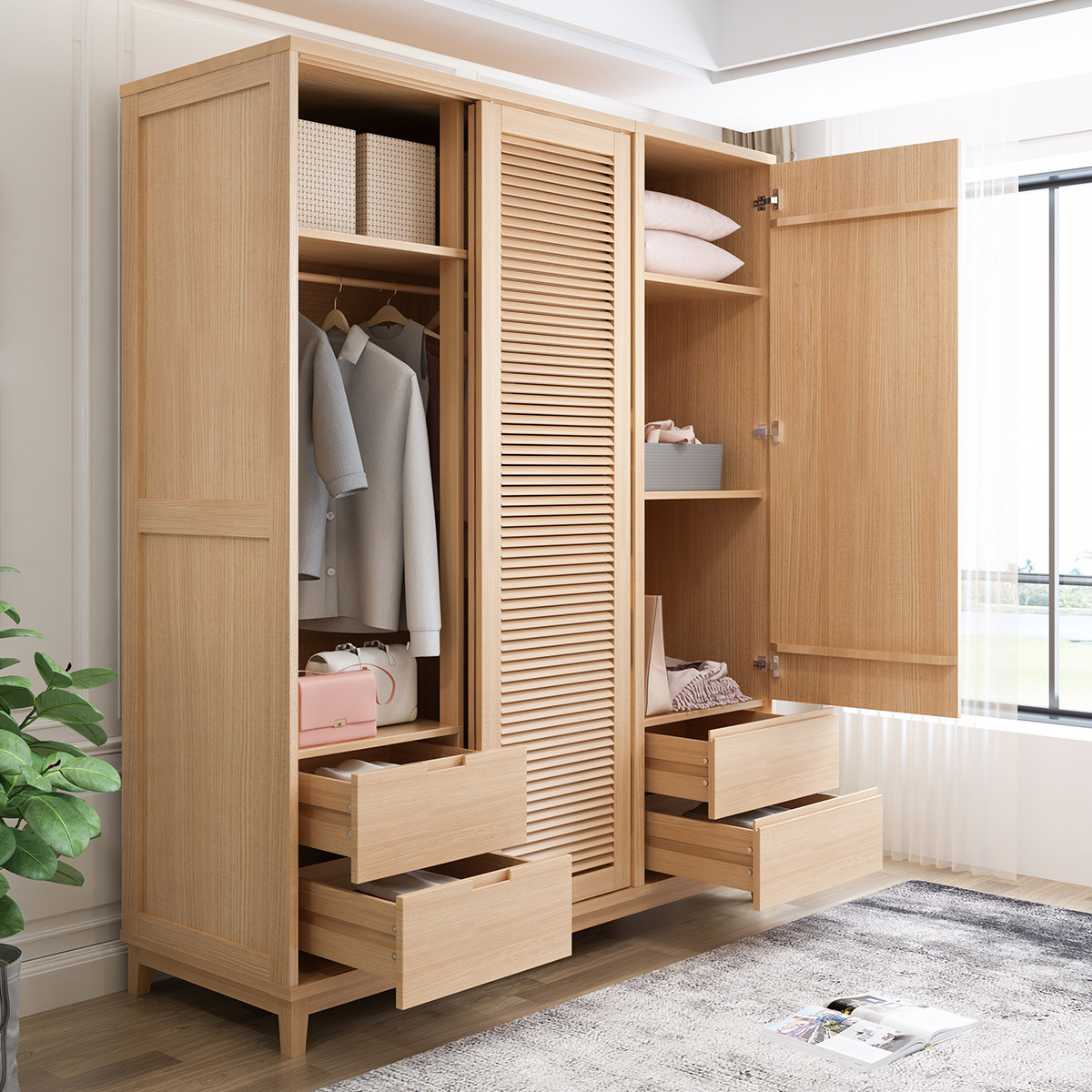 日式实木衣柜小户型卧室北欧家具现代简约白橡木推拉门滑门衣橱