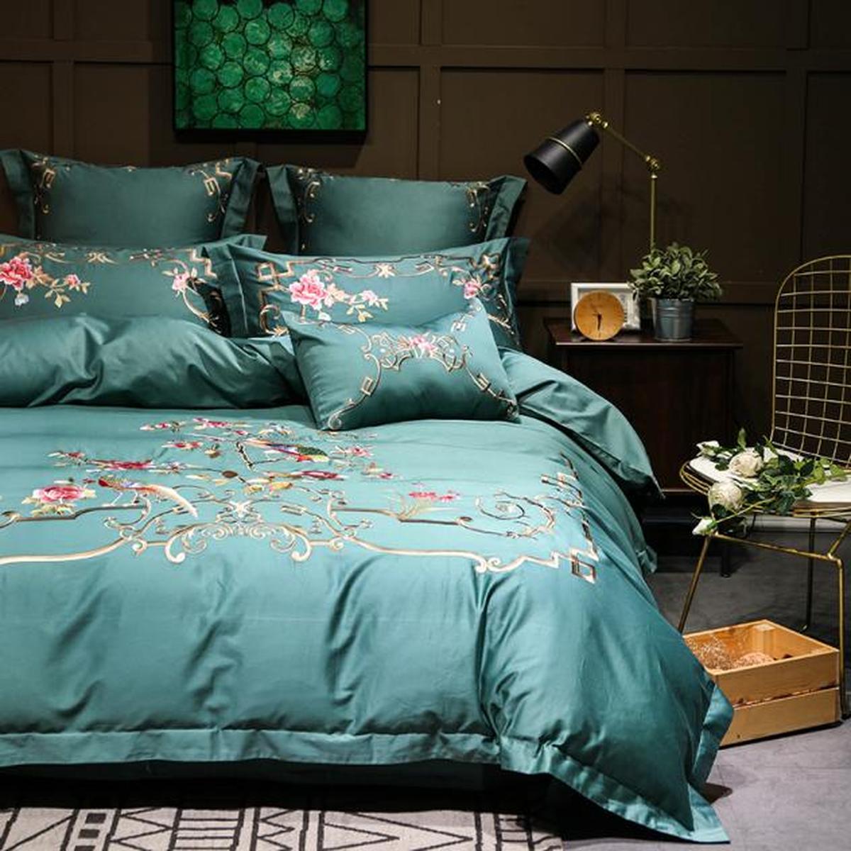 品牌家纺 中式刺绣60支贡缎长绒棉床单被套枕套床上用品四件套