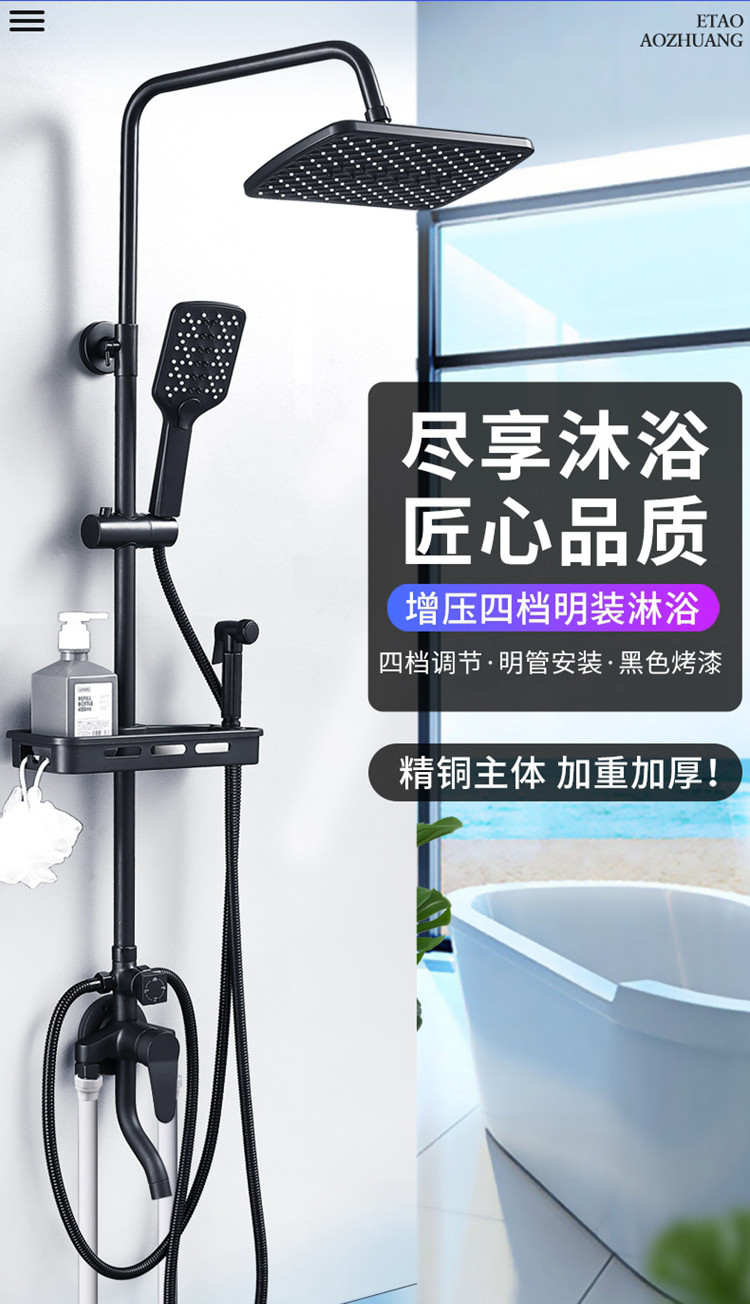 明装淋浴花洒套装黑色家用全铜卫生间淋浴器卫浴龙头浴室淋雨喷头