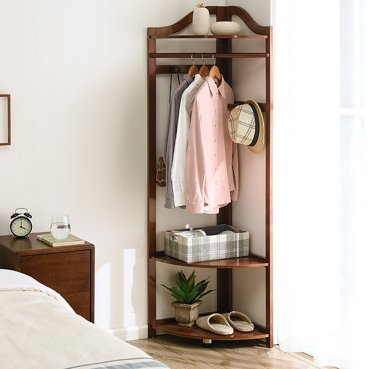 实木落地衣帽架 转角衣帽架 卧室挂衣架多功能使用