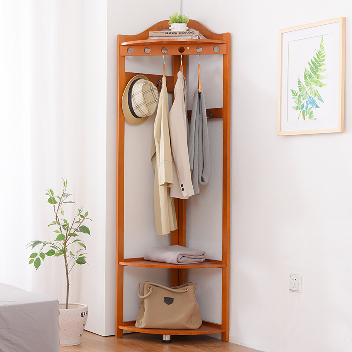 实木落地衣帽架 转角衣帽架 卧室挂衣架多功能使用