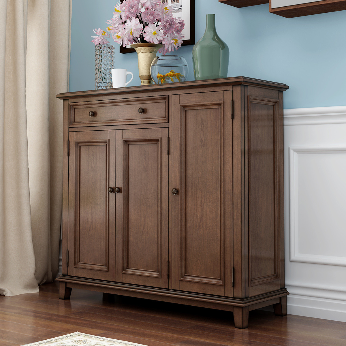 森趣白蜡木美式乡村简约玄关柜抽屉收纳柜实木储物柜卧室做旧鞋柜