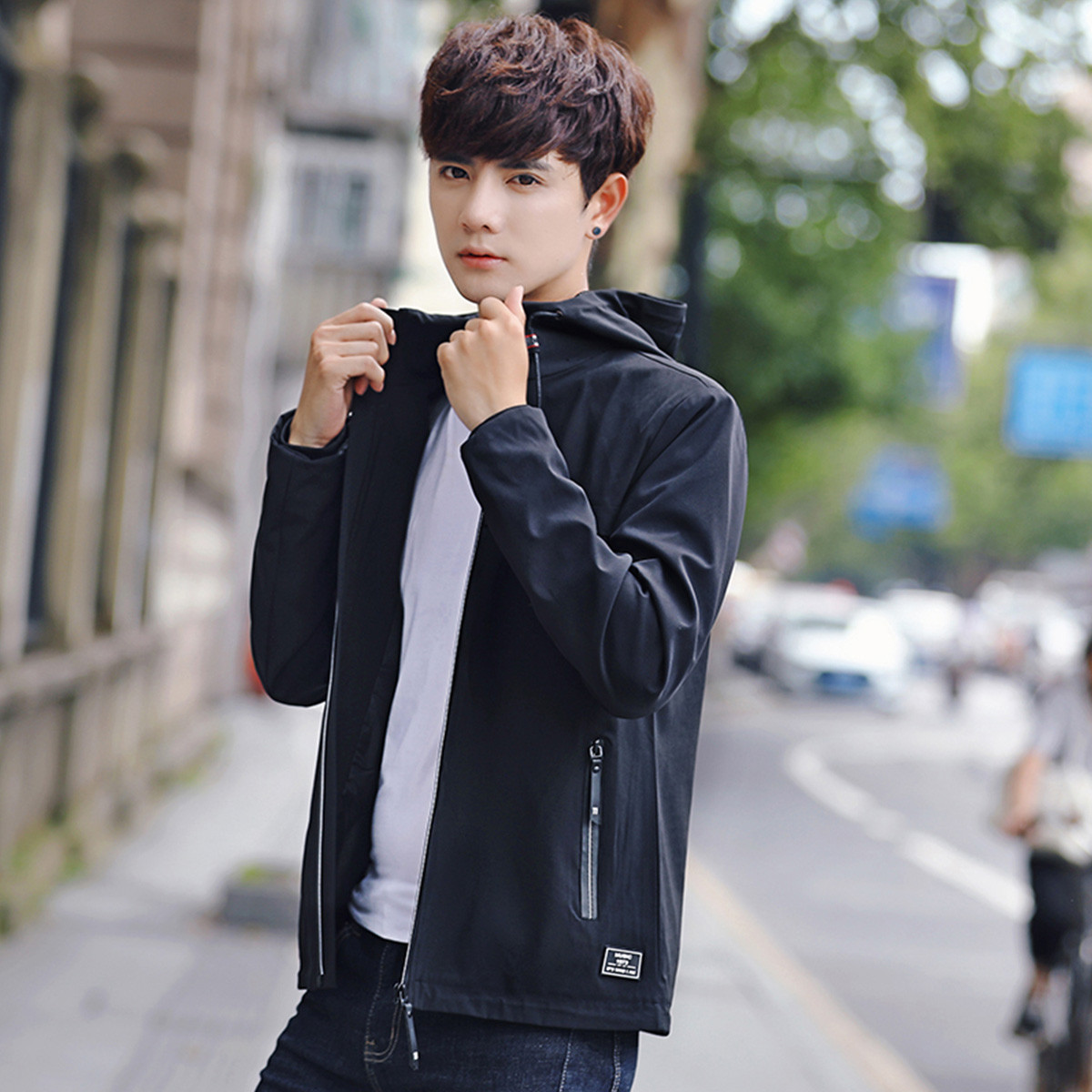 男士夹克男2019秋季新款韩版潮流青少年帅气学生纯色带帽外套