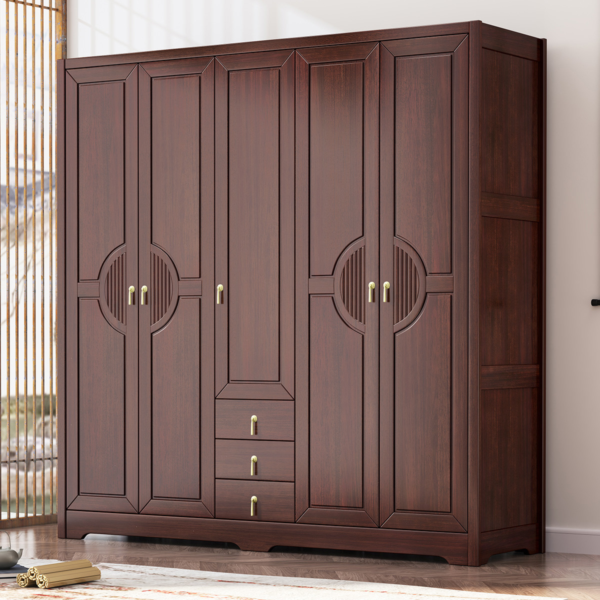 紫金檀木衣柜新中式全实木大容量衣橱五门带抽屉卧室家具现代