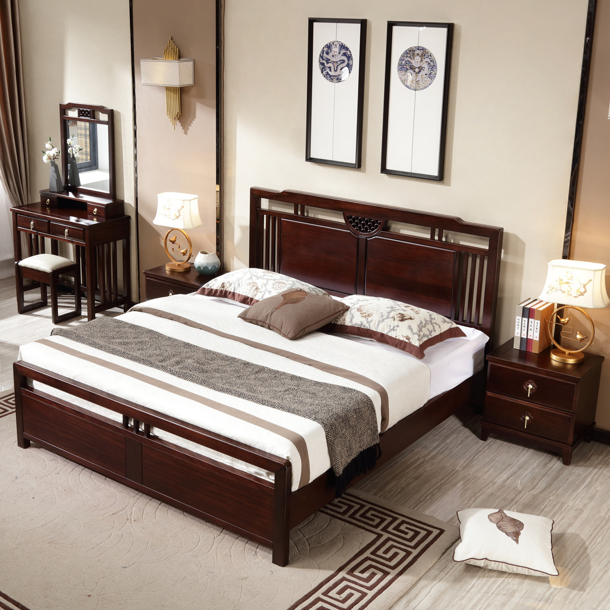 新中式紫金檀木实木床主卧双人床现代禅意卧室1.8米大床