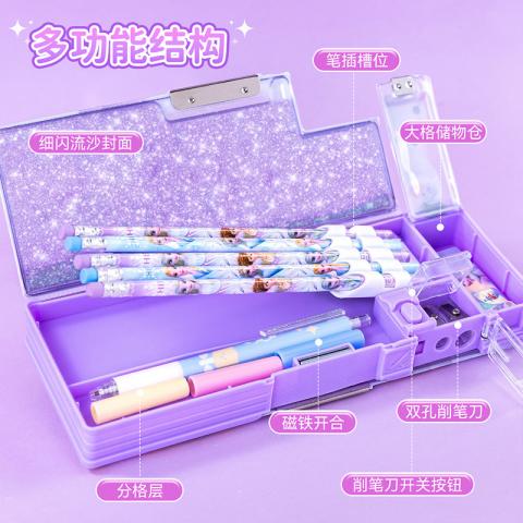 迪士尼 儿童笔盒流沙文具盒女孩小学生上学专用多功能塑料铅笔盒双层笔盒 图片 7