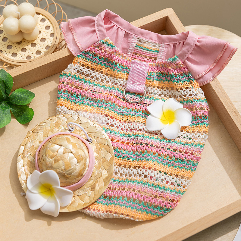 嬉皮狗 宠物新款狗狗衣服春夏季镂空透气度假风衣服可牵引狗背心带帽子