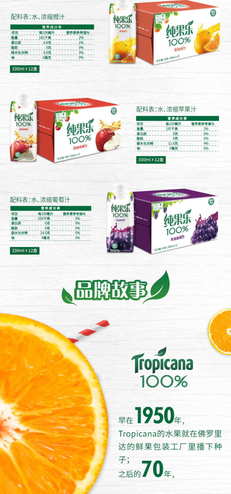 纯果乐tropicana100%果汁饮料葡萄汁330ml*12盒整箱百事可乐出品