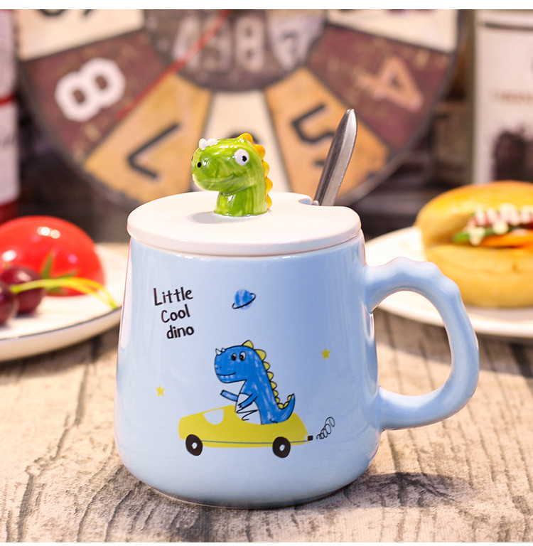 陶瓷杯恐龙马克杯水杯卡通创意手绘带盖勺儿童早餐杯办公室咖啡杯