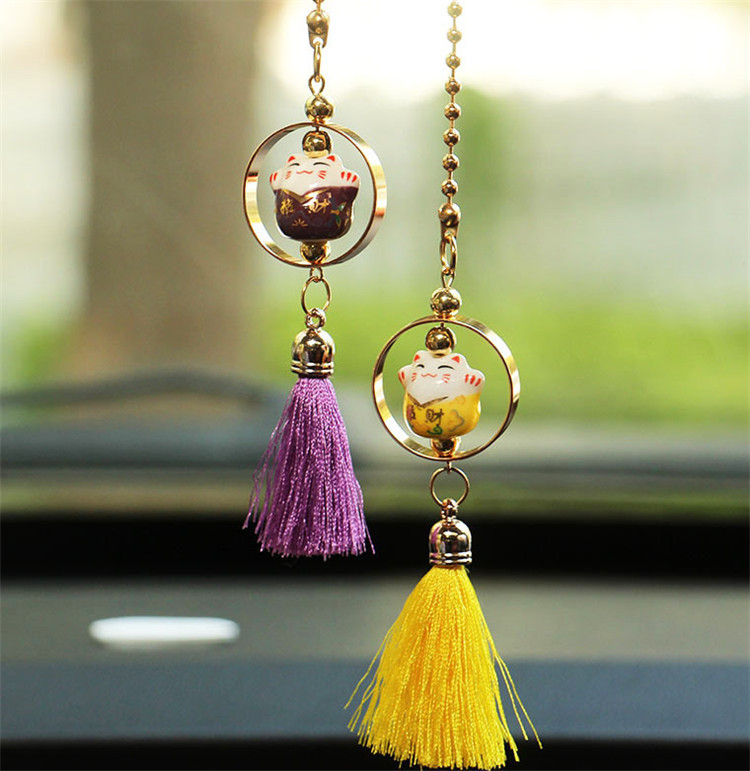 创意汽车挂件招财猫车内吊坠汽车后视镜挂饰流苏可爱车载装饰品