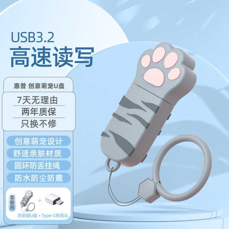惠普 U盘USB3.2可爱迷你情侣车载优盘大容量手机电脑两用虎斑猫