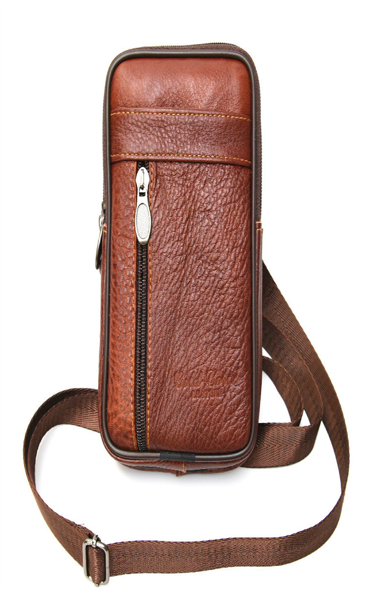 双层三拉链真皮腰包男士手机包穿皮带斜挎头层纯牛皮单肩包复古