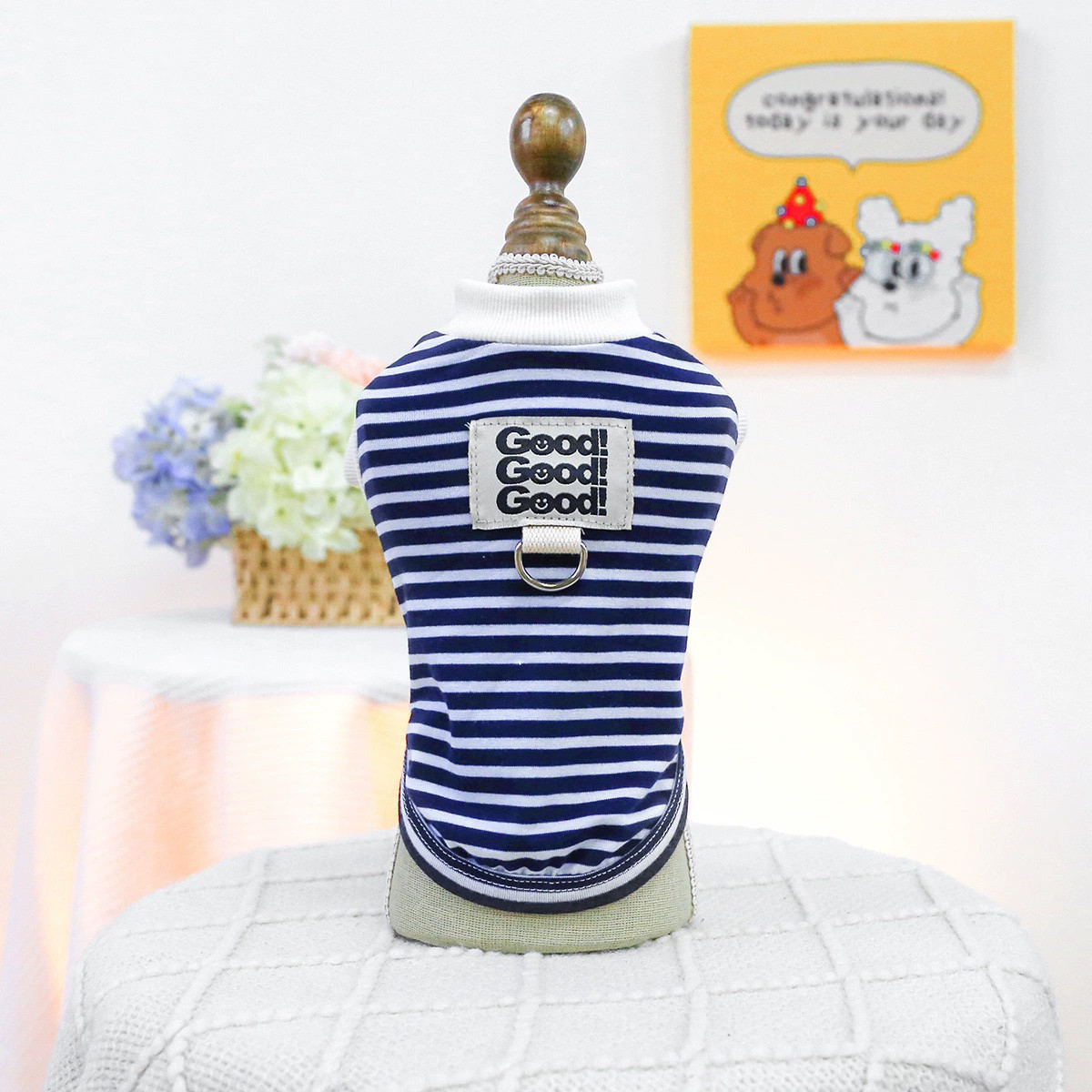 petcircle 宠物衣服秋季新款狗狗服装服饰牵引小背心藏青白条