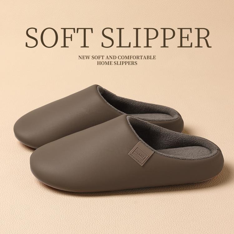 红豆 高级感棉拖鞋男秋冬2025新款室内家居保暖软底PU皮防水毛拖鞋