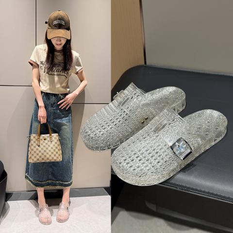 俞兆林 拖鞋女生夏季透明水晶简单闪闪平底镂空百搭包头凉拖 图片 7
