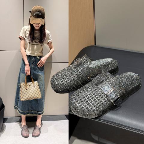 俞兆林 拖鞋女生夏季透明水晶简单闪闪平底镂空百搭包头凉拖 图片 8