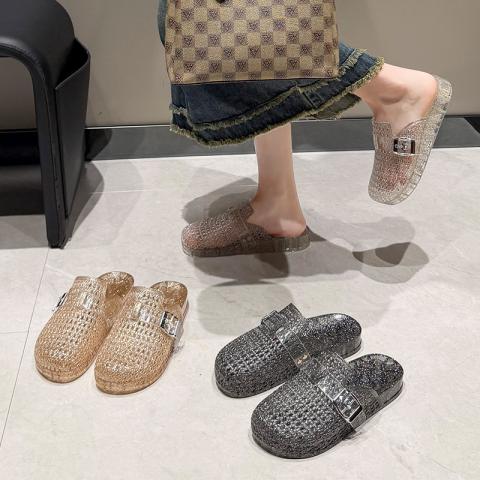 俞兆林 拖鞋女生夏季透明水晶简单闪闪平底镂空百搭包头凉拖 图片 3