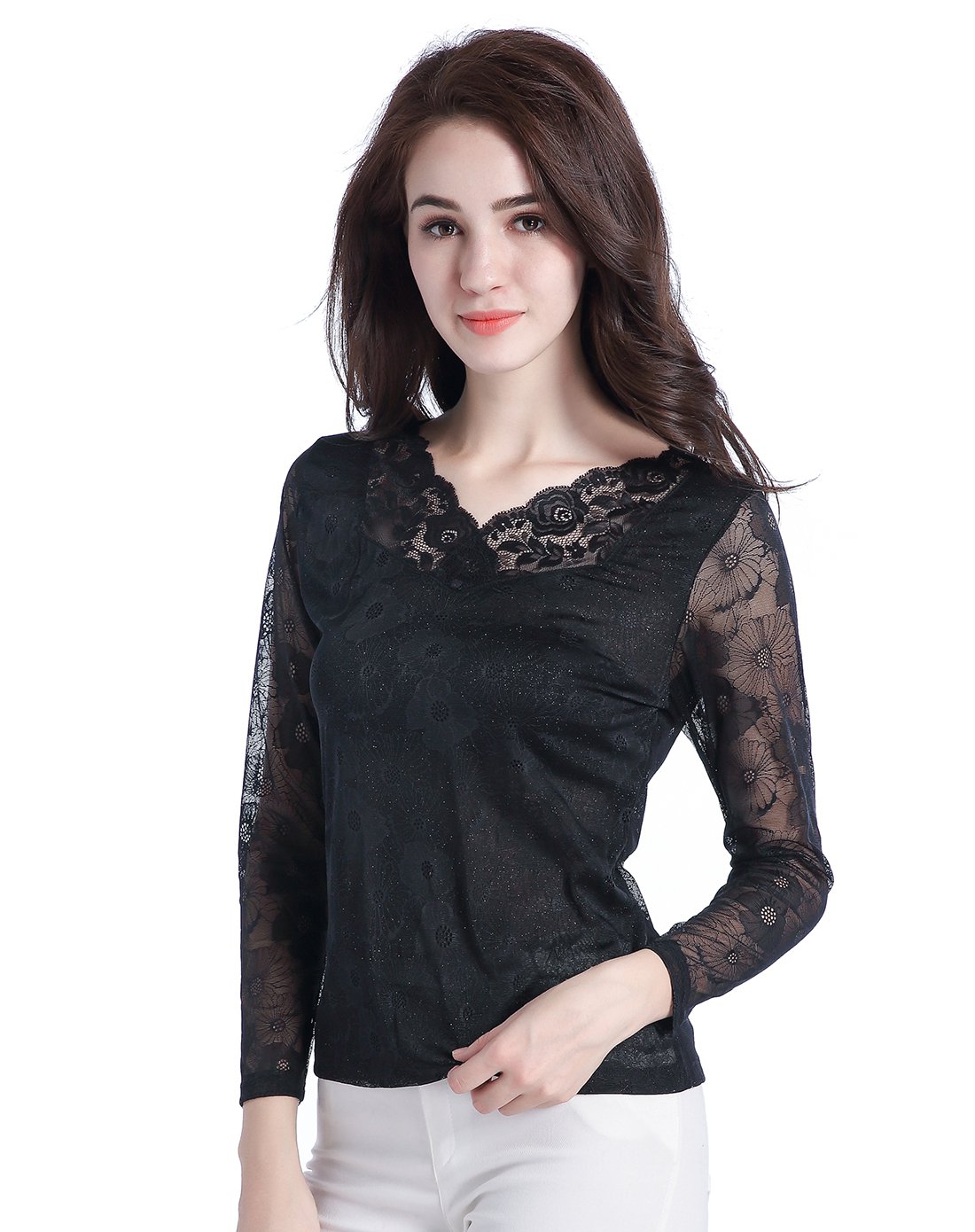 特惠-法罗faro内衣专场性感蕾丝小v领时尚打底衫3382-bk_唯品会